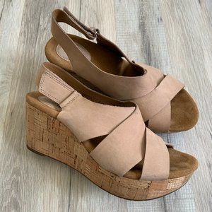 Clarks Suede Cork Platform Wedge Sandals